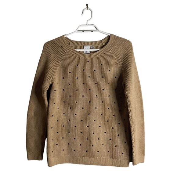 Elle Women's Tan Crewneck Polka Dot Knit Sweater - Picture 1 of 8
